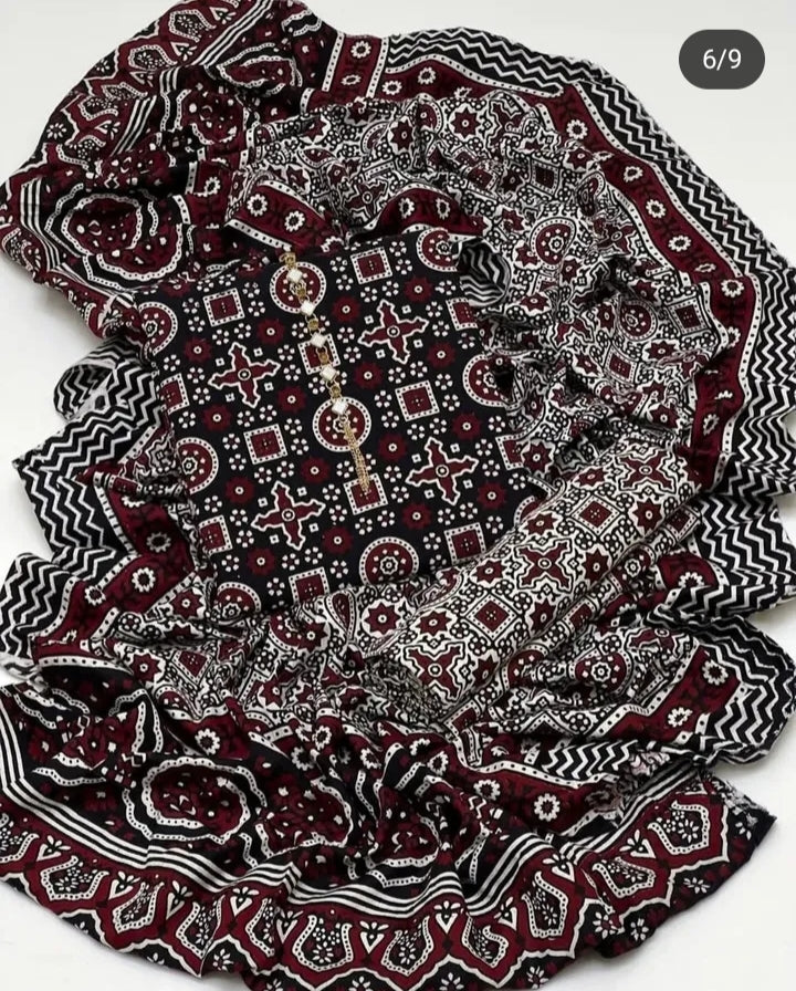 Traditonal Ajrak Cotton Lawn 3 pc Suits